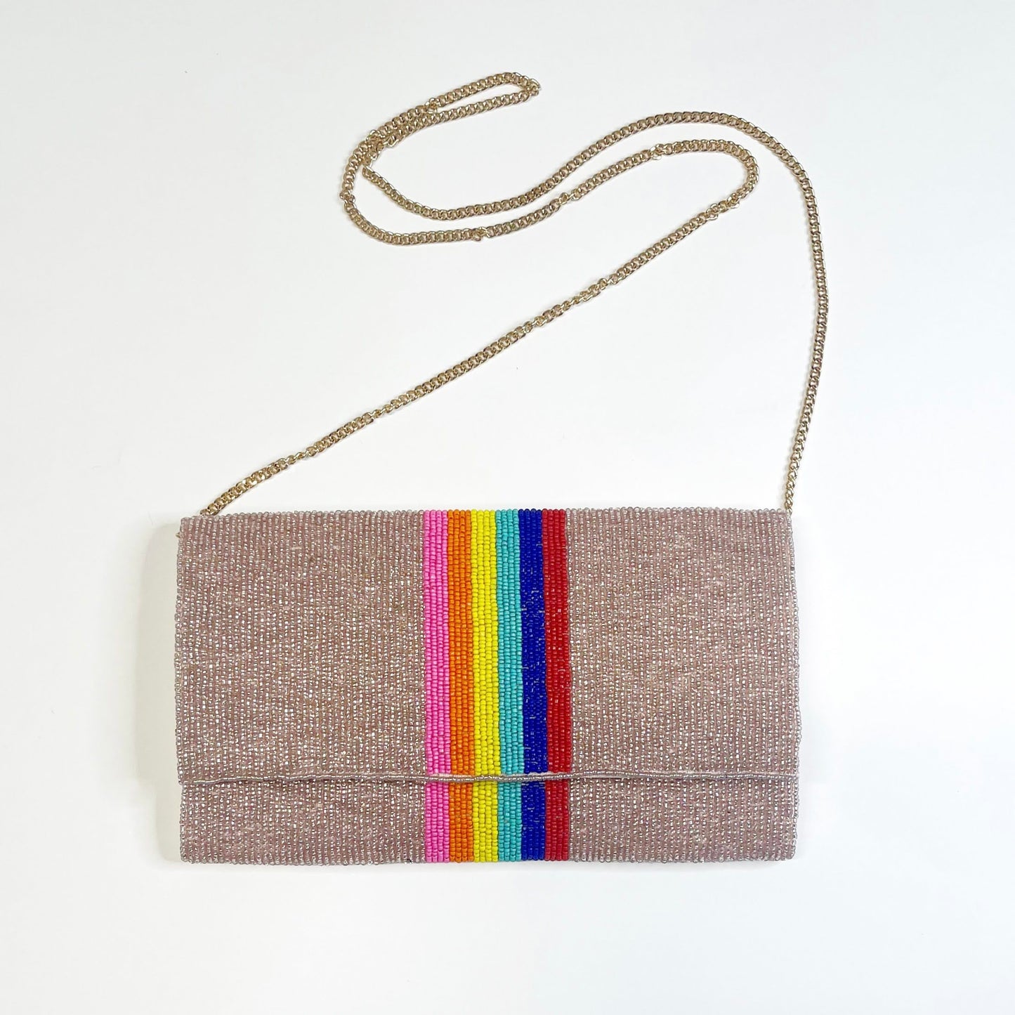 Bright Stripe Beaded Crossbody Clutch