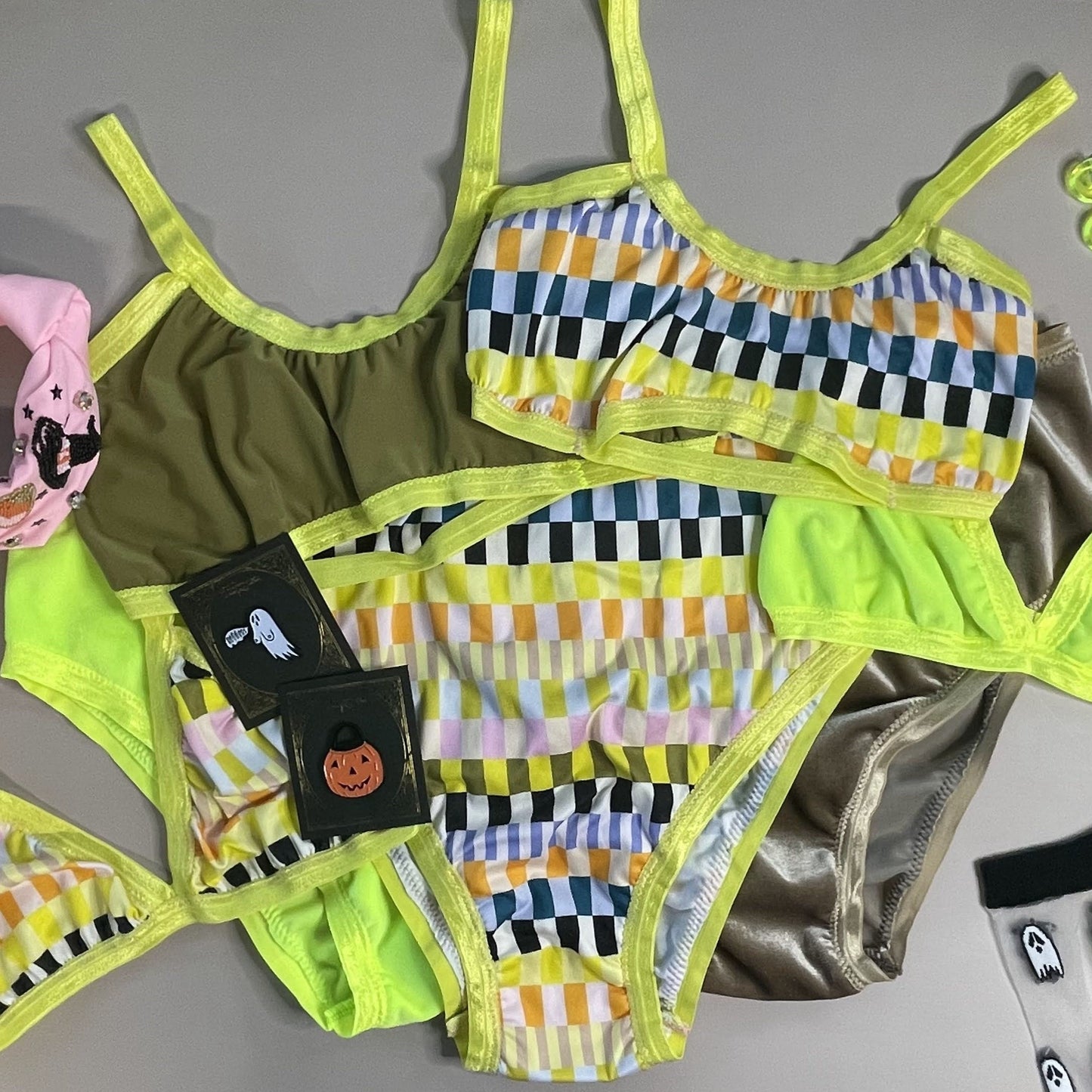 Neon + Neutral Grid Bandeau Bralette