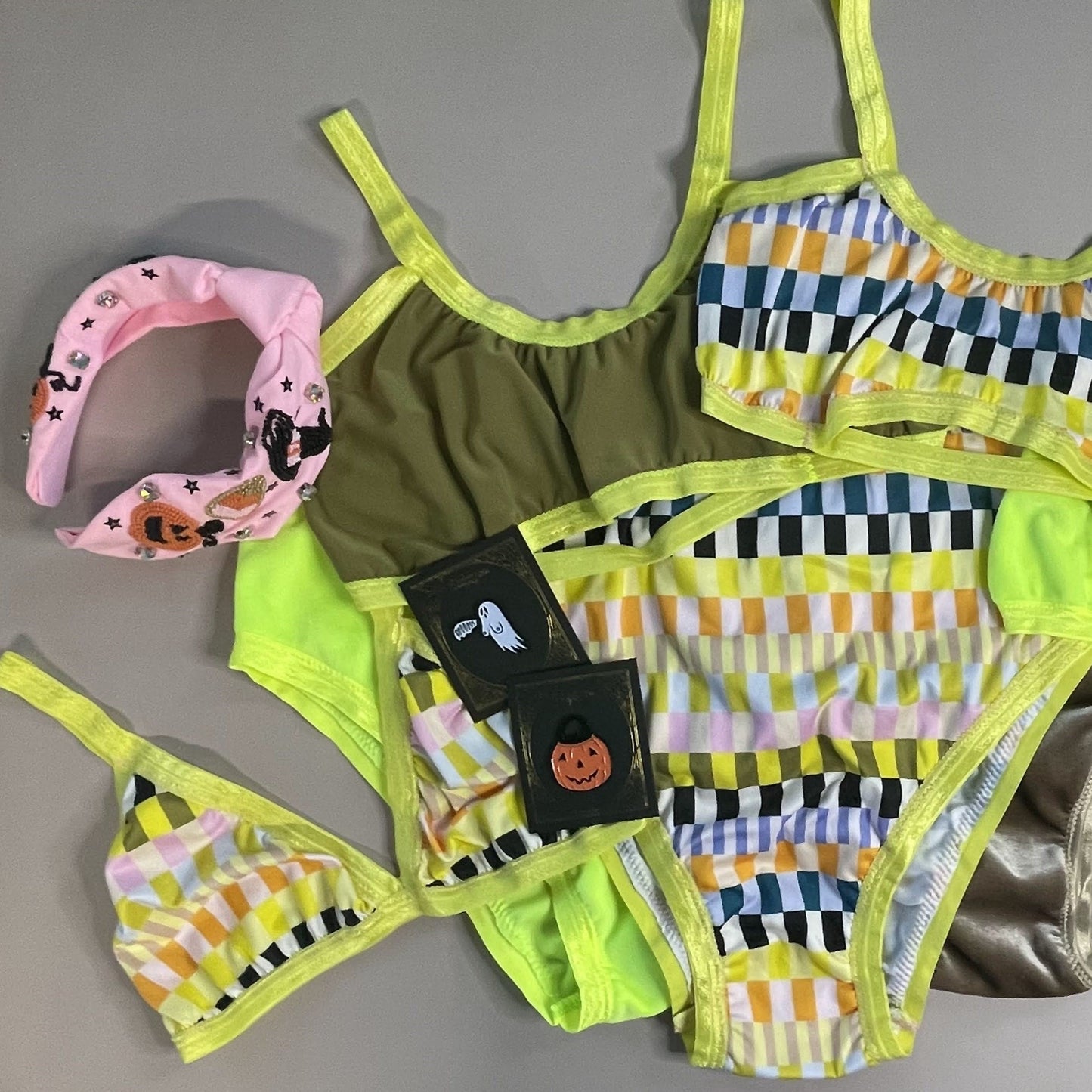 Neon + Neutral Grid Triangle Bralette