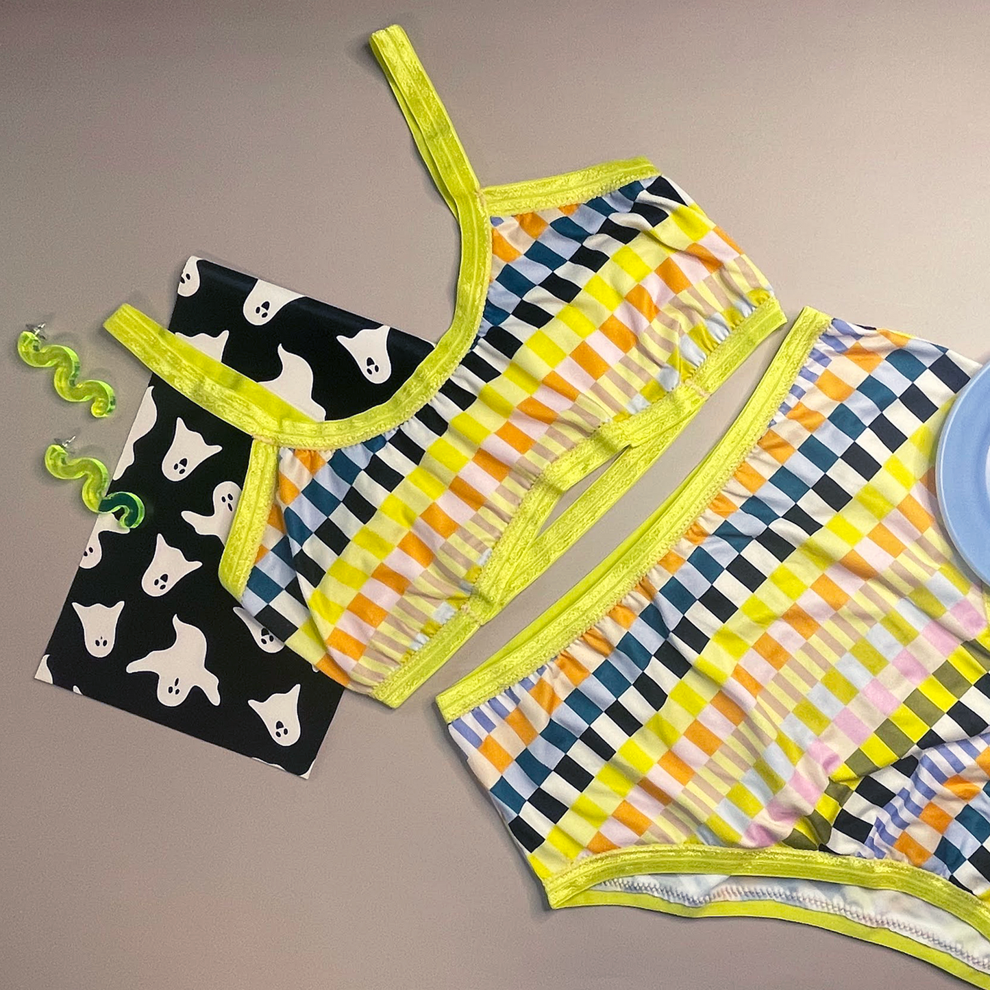 Neon + Neutral Grid Bandeau Bralette